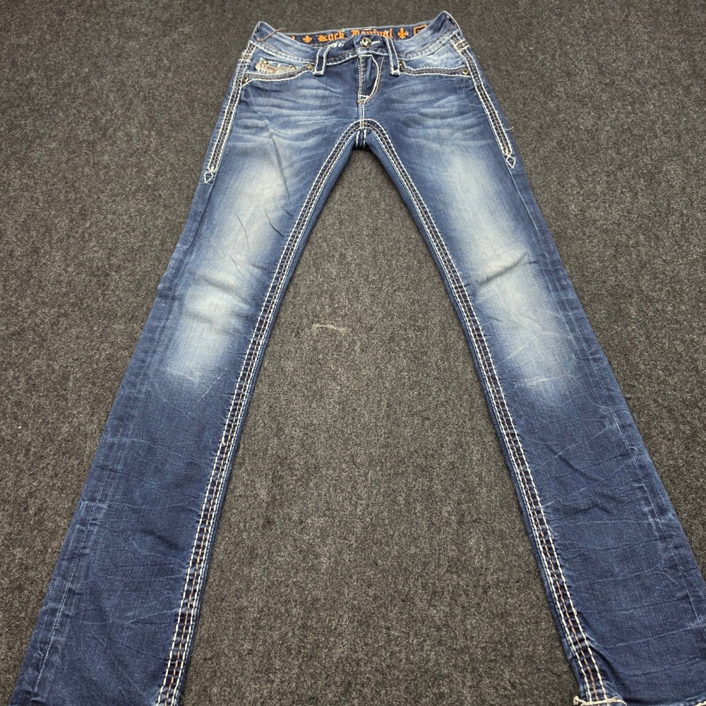 Rock Revival Avery Straight Jeans Womens 25 Blue Heavy Stitch Crystal E8432TL